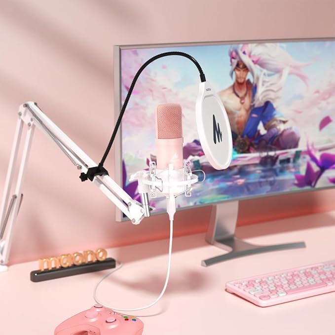 MAONO USB Microphone, 192kHz/24bit Plug & Play PC Computer Podcast Condenser Cardioid Metal Mic Kit with Professional Sound Chipset for Recording, Gaming, Singing, YouTube, AU-A04 Pink