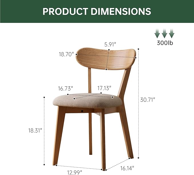 100% Solid Wood Upholstered Dining Chairs, Mid Century Modern Oak Dining Chairs with Curved Back Design with Butterfly Wing Shape for Kitchen, Dining Room, Restaurant (2PK, Log Color-Gray Cushion)