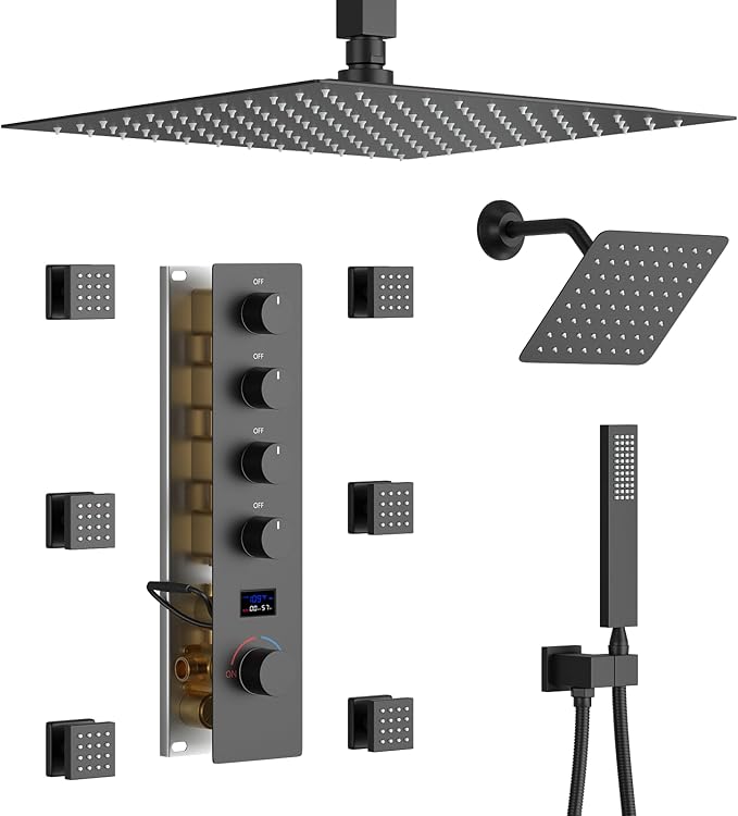 KATAIS Matte Black Shower System Digital Tempreature Display Thermostatic Shower Faucet Set with 12 inch Ceiling Mount and 8 inch Wall Mount Shower Head, with 6 PCS Body Jet and Handheld Spray