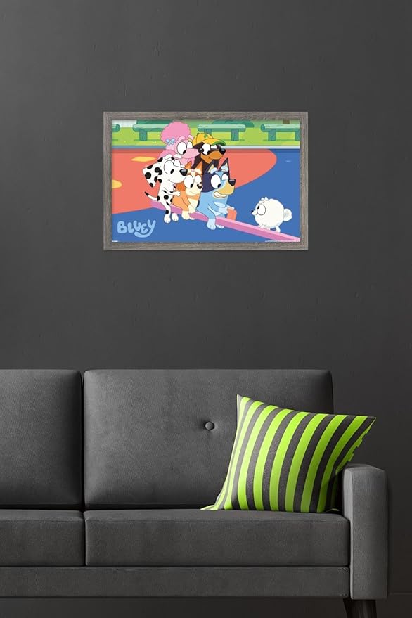 Bluey (2018) - Bluey and Friends See Saw Fun Wall Poster, 22.4L" x 14.7W", Barnwood Framed Version