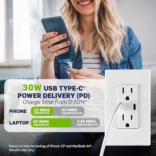 Leviton 30W (6A) USB Dual Type-C/C Power Delivery In-Wall Charger with 15A Tamper-Resistant Outlet USB Charger for Smartphones Tablets Laptops T5635-E Black