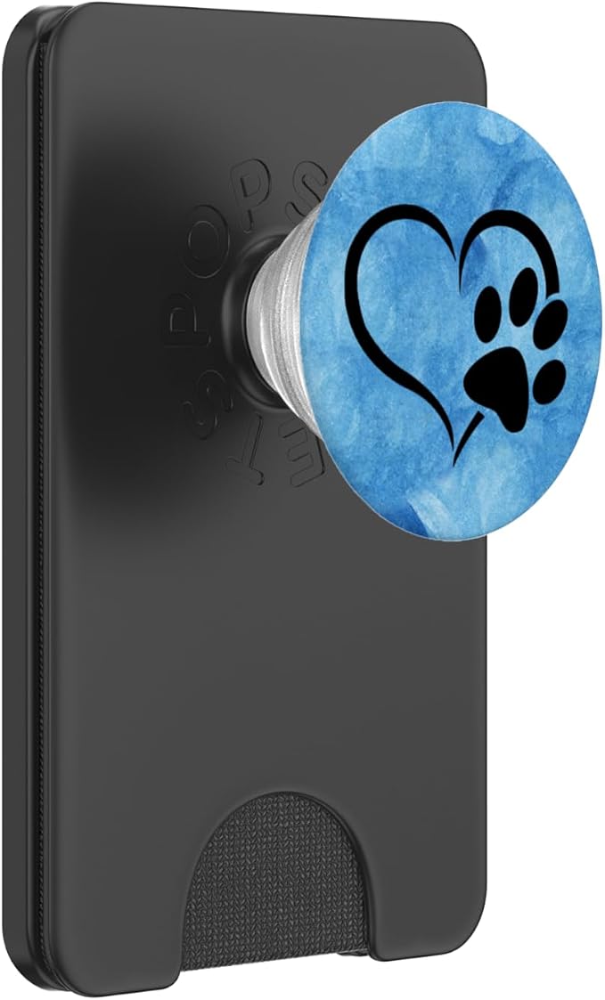 Black color Dog Paw Print Heart On Blue Ocean Watercolor PopSockets Adhesive PopGrip