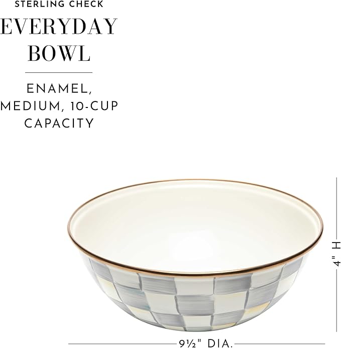 MACKENZIE-CHILDS Enamel Everyday Bowl, Serving Bowl for Entertaining, Medium, Gray-and-White Sterling Check, Set of 1