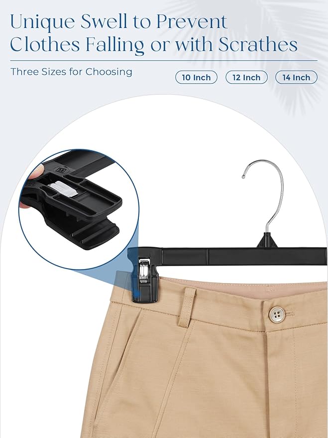 Smartor Space Saving Hangers 60 Pack, Slim Plastic Pants and Shorts Hangers, Ridged Non-Slip with Pinch Clips, 360-Rotating Chrome Swivel Hook, Black Plastic Hanger - 10 Inches