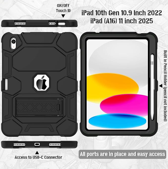 Case for iPad 11 11th Gen (A16) 2025 &amp 10th Gen 2022 10.9 Purple+Green | Kickstand | With Pencil Holder | Drop-Proof Silicone+Hard Shell | Raised Edge Protects Screen&ampCamera | Heavy Duty Pr