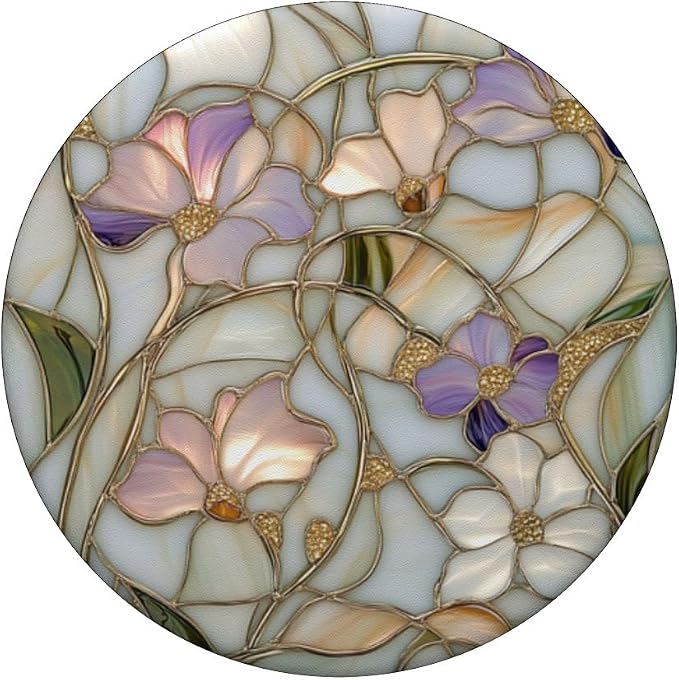 Stained Glass Floral Print with Purple Flowers PopSockets PopWallet for MagSafe