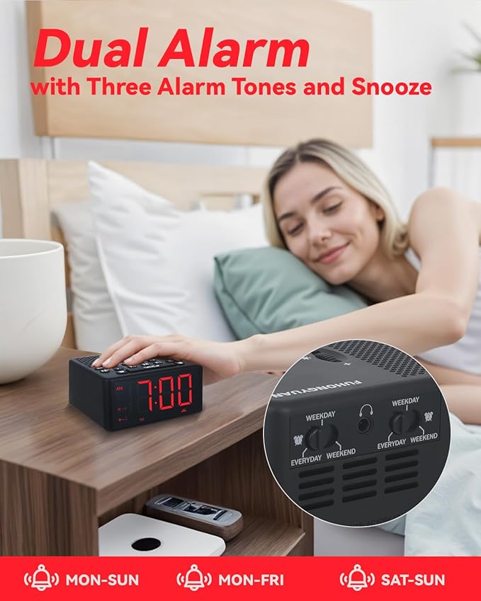 Digital Alarm Clock Radio with AM/FM Radio, Presets, Dual Alarms, Weekday / Weekend Alarm, Snooze, Sleep Timer, Dimmable Red LED Screen for Bedrooms, living rooms, kitchens, offices, etc (Red)