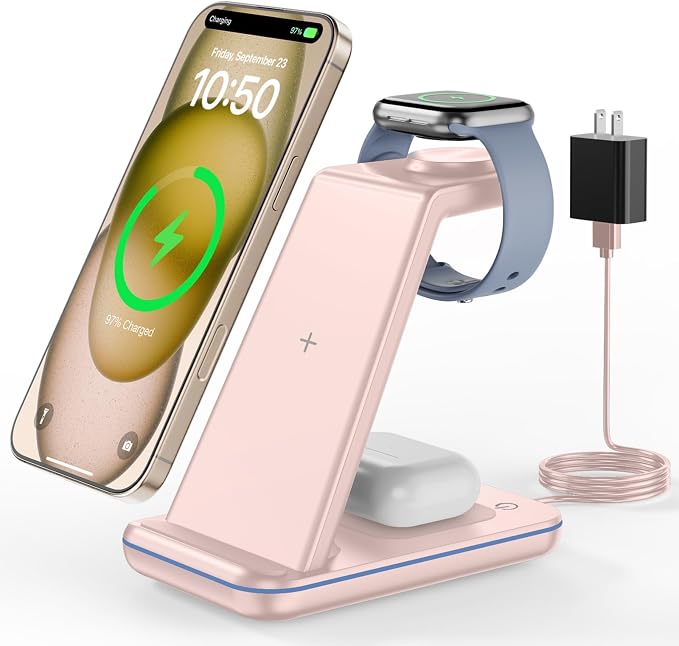 Wireless Charger Stand CIYOYO 3 in 1 Fast Wireless Charging Station Dock for Apple Watch 11/9/8/7/6/SE/5/4/3/2 Airpods 3/2/Pro iPhone 17/16/15/14/14 Plus/14 Pro Max/13/13 Pro/12/12 Pro/SE/X/XR/XS/8