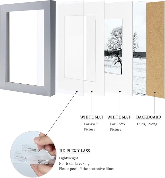 Egofine 4x6 Picture Frame Made of Solid Wood with Plexiglass, Display Pictures 3.5x5 with Mat or 4x6 Without Mat, for Tabletop and Wall Mounting Photo Frame, Light Grey
