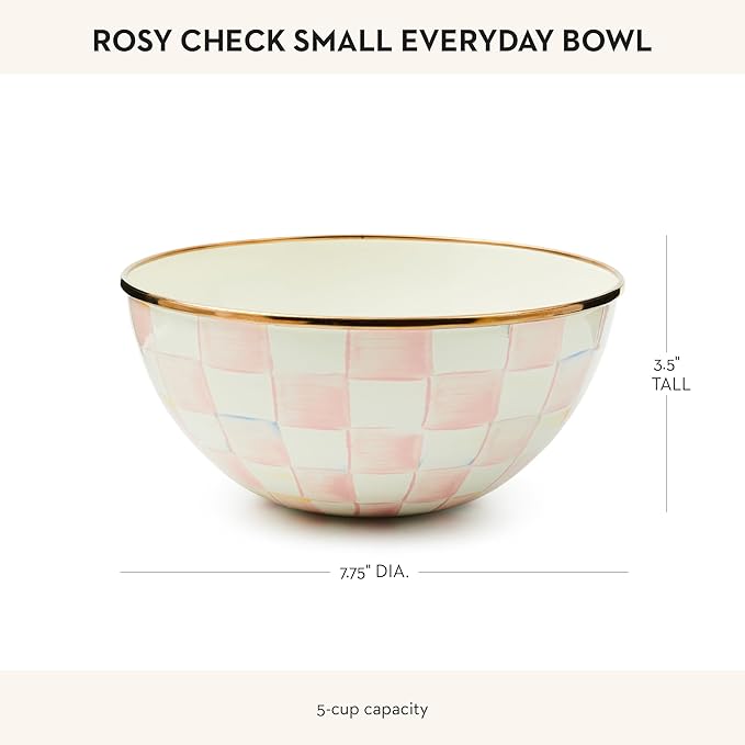 MACKENZIE-CHILDS Enamel Everyday Bowl, Serving Bowl for Entertaining, Small, Pink-and-White Rosy Check, Set of 1