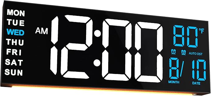 JALL 16" Large Digital Wall Mount Clock, Count Down Timer, Alarm, Big LED, RGB Color, DST, Temperature for Living Room Classroom Desk, Xmas, Birthday Gift for Senior Mom Dad (White Blue, 16 inches)