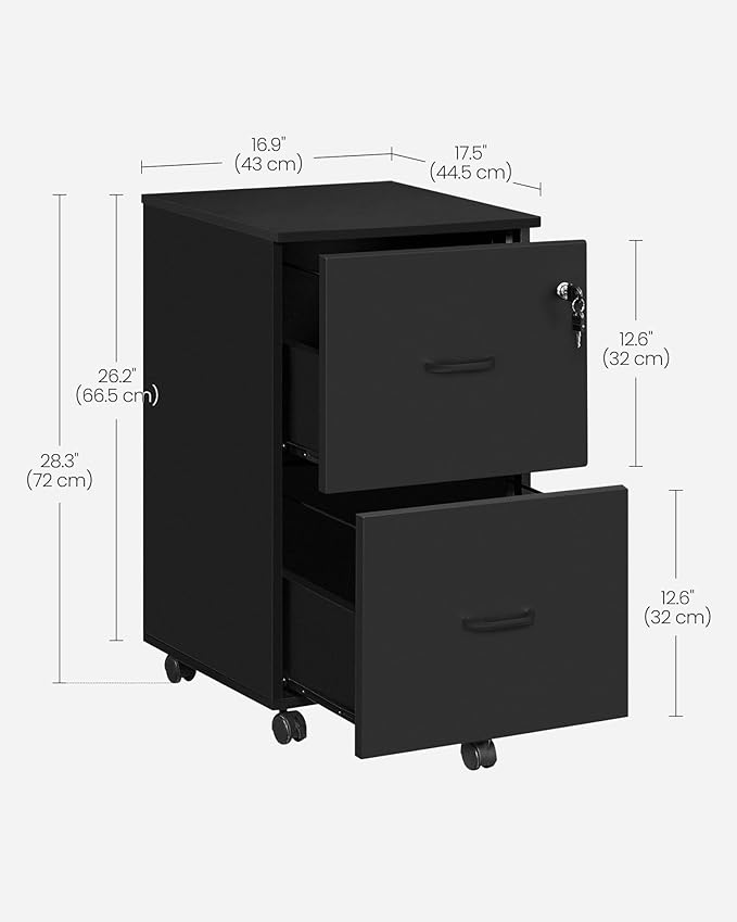 VASAGLE 2-Drawer File Cabinet, Locking Filing Cabinet for Home Office, Small Rolling Printer Stand, A4, Letter-Size Hanging Files, Assembly Required, Black ULCD027T16V2
