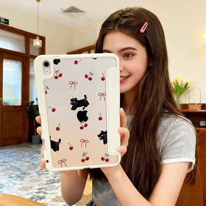 for iPad A16 11 Inch 2025 /for iPad 10th Generation 10.9 Inch 2022 Cute iPad Black Case with Pencil Holder-[Auto Wake/Sleep] Trifold Stand Soft TPU Protective Cover Pink Bows