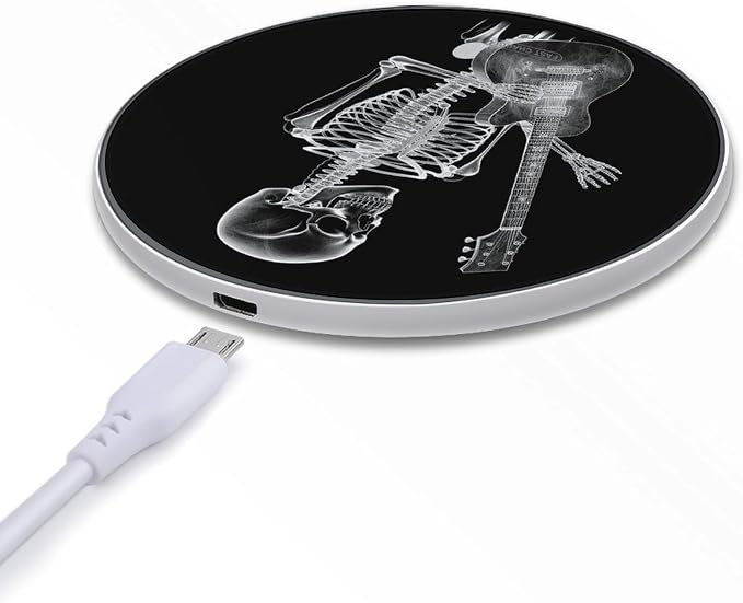 Abstract X-ray Skull Skeleton Playing Guitar Wireless Charger Aluminum Alloy Frame 10W Fast Charging Pad with Indicator Light 6mm Thin &amp Portable Wireless Charging Pad for Travel Home Office Desk