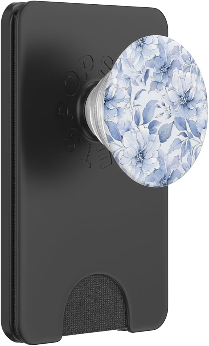 Blue White Floral Illustration Print PopSockets PopWallet for MagSafe