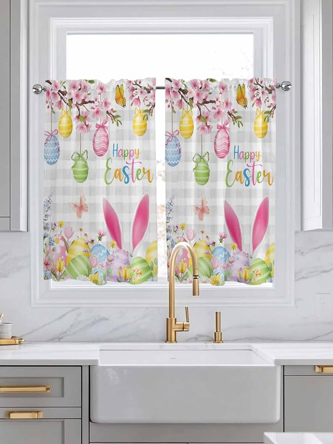 Happy Easter Tier Curtains 45 Inches Long, Spring Watercolor Bunny Eggs Flower