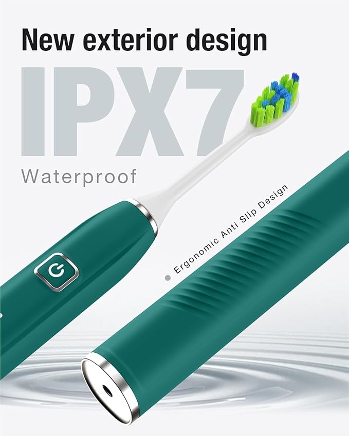 7AM2M Ultrasonic Electric Toothbrush with 6 Brush Heads for Adults&Kids, One Charge for 120 Days, Type-C Charge, 5 Modes, 40000VPM Powered Toothbrush, 2 Minutes Built in Smart Timer (Peacock Green)