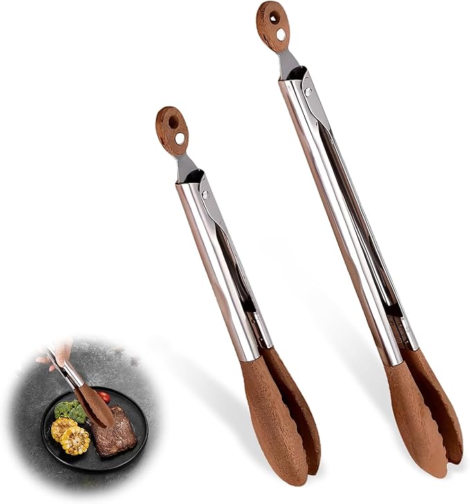 Wshxjzyay 2 Pack Walnut Wooden Tongs For Cooking, 12 & 9 Inch Kitchen Salad Utensils Tongs with Hanging Hole and Wooden Tips, Stainless Steel Kitchen Barbecue Food Suitable for Salad