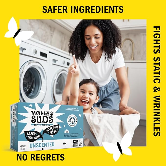 Molly's Suds Fabric Softener Dryer Sheets for Sensitive Skin | Plant-Based Static Reducer, Plastic-Free Packaging | Unscented (120 Sheets)