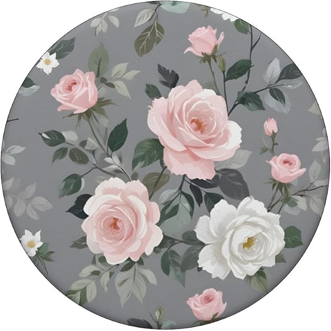 Pink Flowers Gray Leaves PopSockets Adhesive PopGrip