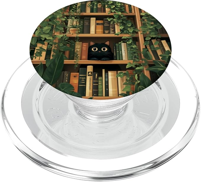 Cute Black Cat Hiding On Bookshelves Plants Library Bookish PopSockets Adhesive PopGrip