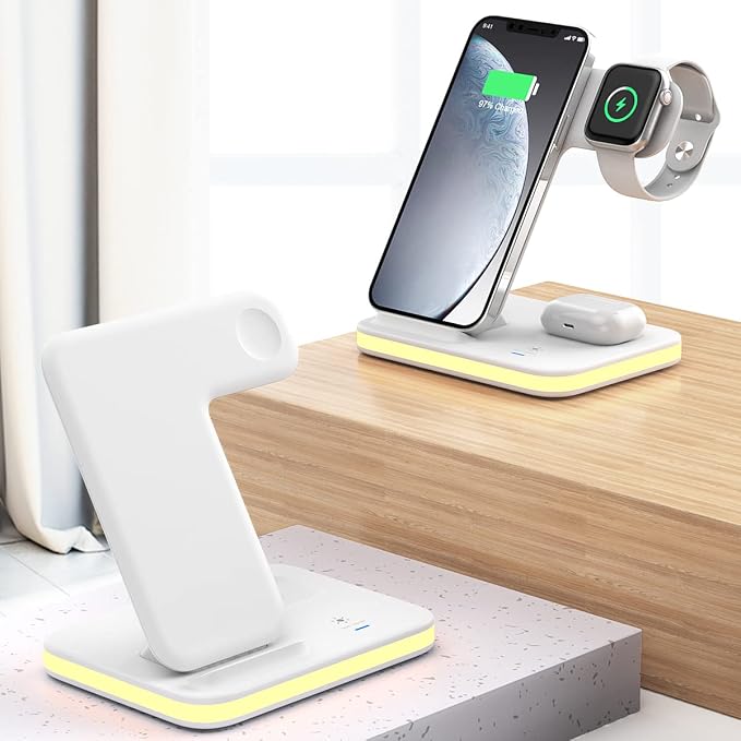 4-in-1 Wireless Charging Stand with Night Light | Compatible with iPhone 14/13/12/11/SE/XS/XR/X/8 Plus Pro Pro Max Models Watch 23 Pro | Adjustable Night Light (White)