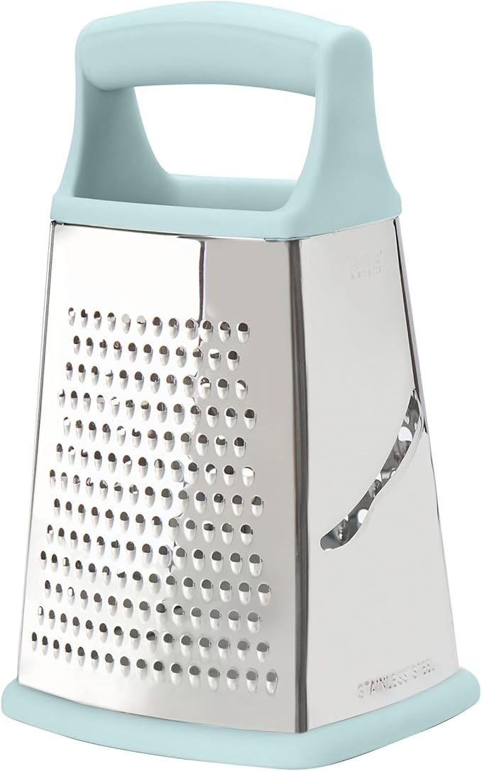Tovolo Box Grater 4 Sided Large Stainless Steel Cheese Grater for Shredding Vegetables and Zesting, Easy to Clean Dishwasher Safe Box Grater with Ergonomic Handle and Non Slip Base, Blue Haze