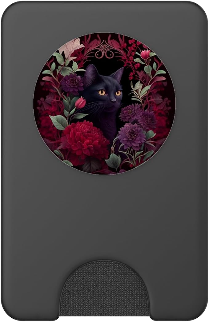 Black cat Hidden Flower Design with Burgundy Maroon Flowers PopSockets Adhesive PopGrip
