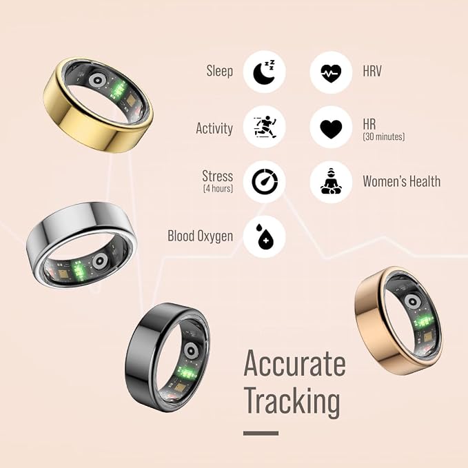Herz P1 Smart Ring and Charging Case Bundle - (Size 12) Health Ring Tracks 20+ Metrics Bluetooth Sleep &amp Activity Tracker 6 Day Battery Life Magnetic Charging Case iOS &amp Android App
