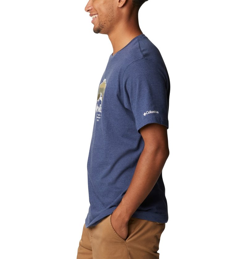 Columbia Men's Thistletown Hills Graphic Short Sleeve, Dark Mountain Heather/Hikers Graphic, Large