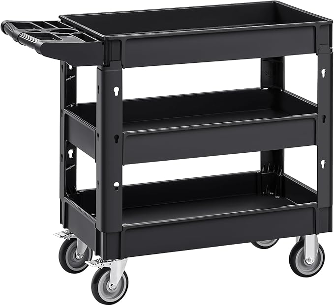 VEVOR Utility Cart, 3-Tier Plastic Service Cart with 550LBS Capacity, 360° Swivel Casters (Including 2 Locking Wheels), Medium Lipped Shelves, Ergonomic Handle, for Garage, Warehouse, Cleaning Tasks
