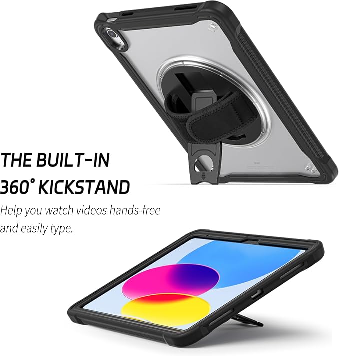 ZenRich Shockproof Case for iPad (A16) 11th/10th Generation Black | Pencil Holder 360° Rotating Kickstand Hand Strap Adjustable Carrying Strap Heavy Duty Rugged