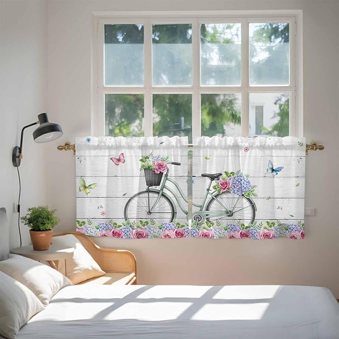 Spring Tier Curtains, Bicycles Botanical Rose Leaves Butterfly Wood Grain Light