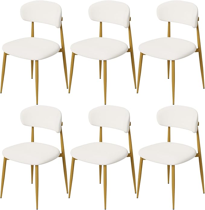 Velvet Dining Chairs Set of 6, Modern Kitchen Chairs with Curved backrests and Metal Legs, Upholstered Dining Chairs for Dining Room,White and Gold