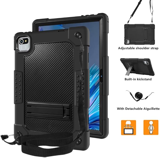 Compatible with aiprotablet C20e / MB1001 10 Inch/ZZB 10 Inch Tablet Case Kids Friendly Shockproof Shoulder Strap Shell for CZZ/Okaysea 10.1/HAPPYBE/ANYLAKE/Velorim Tablet (Black/Black)