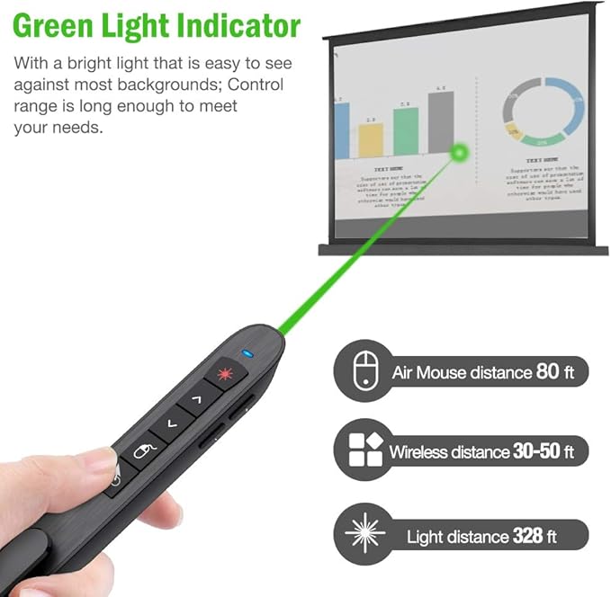 Air Mouse Green Presentation Remote Control USB Rechargeable Presentation Clicker Wireless Presenter RF 2.4 GHz Powerpoint Clicker Slide Advancer Changer Mac/Laptop/Computer