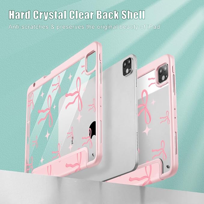 May Chen Case for iPad 12.9 Inch (6th/5th/4th/3rd Generation 2022/2021/2020/2018) Pencel Holder + Trifold Support Auto Sleep/Wake Transparent Shockproof Back Cover Blue Bows