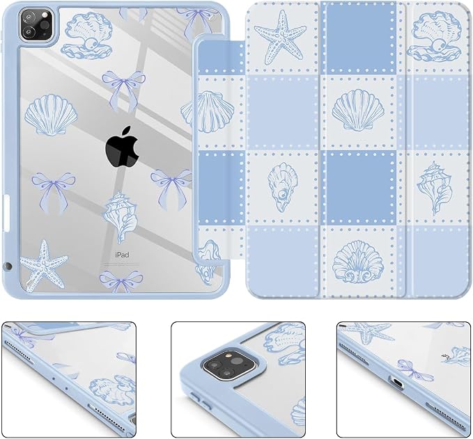 May Chen Case for iPad 12.9 Inch (6th/5th/4th/3rd Generation 2022/2021/2020/2018) Pencel Holder + Trifold Support Auto Sleep/Wake Transparent Shockproof Back Cover Blue Bows