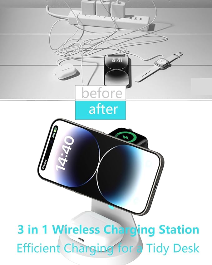 Wireless Charger Compatible with Mag-Safe,3 in 1 Charging Station for iPhone16/15/14/13/12 Series, Apple Watch,AirPods,and More,15W Fast Charging (USB-C Adapter Included)