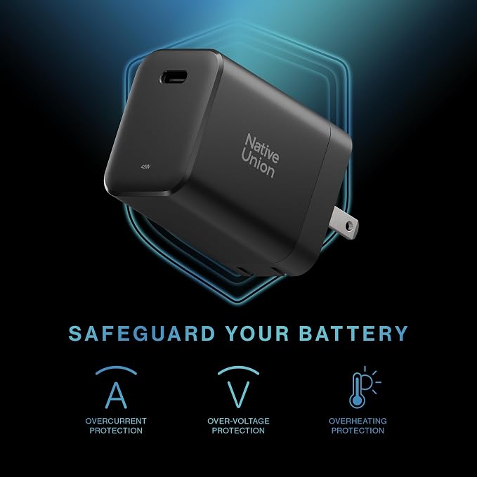 Native Union Fast GaN Charger PD 45W – Ultra-Compact Power Delivery Enabled USB-C – Made of Recycled Materials – for MacBook Air iPads iPhones Pixel Galaxy &amp Other USB-C Devices (Black)