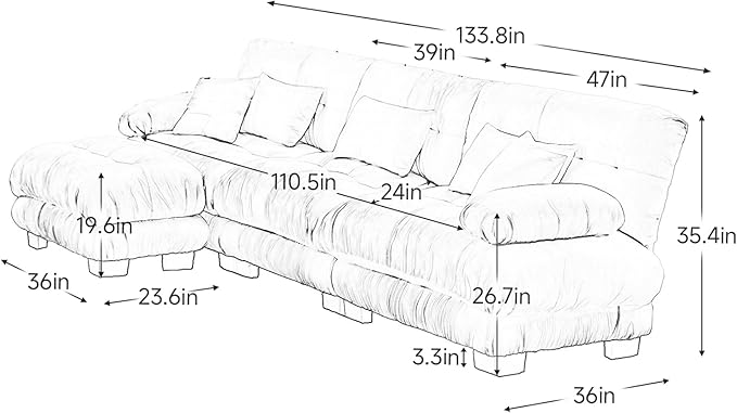 133.8" Oversized L-Shape Modern Chenille Couch, 3 Seater + 1 Ottoman, Upgraded-White