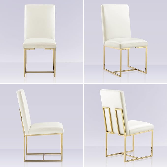 AUZ Dining Chairs, White and Gold Faux Leather Dining Chairs with Polished Stainless Steel Legs, Set of 2