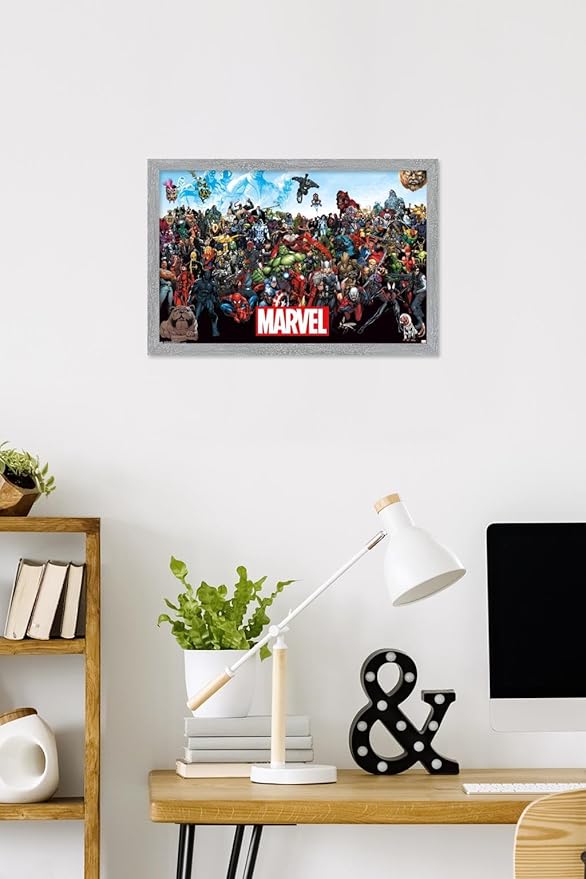 Marvel Comics The Marvel Lineup Wall Poster, 22.4L" x 14.7W", Gray Framed Version