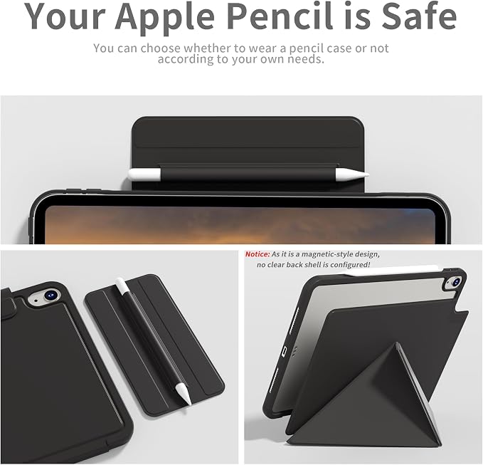 kenke Magnetic Case for iPad Air 11'' Air 10.9'' 5th/4th Gen Black | For iPad Air 11 M4 M3 M2 Air 10.9 (5th/4th 2022/2020) Multi-Folding Stand Cover Detachable Frame Back Auto Wake/Sleep