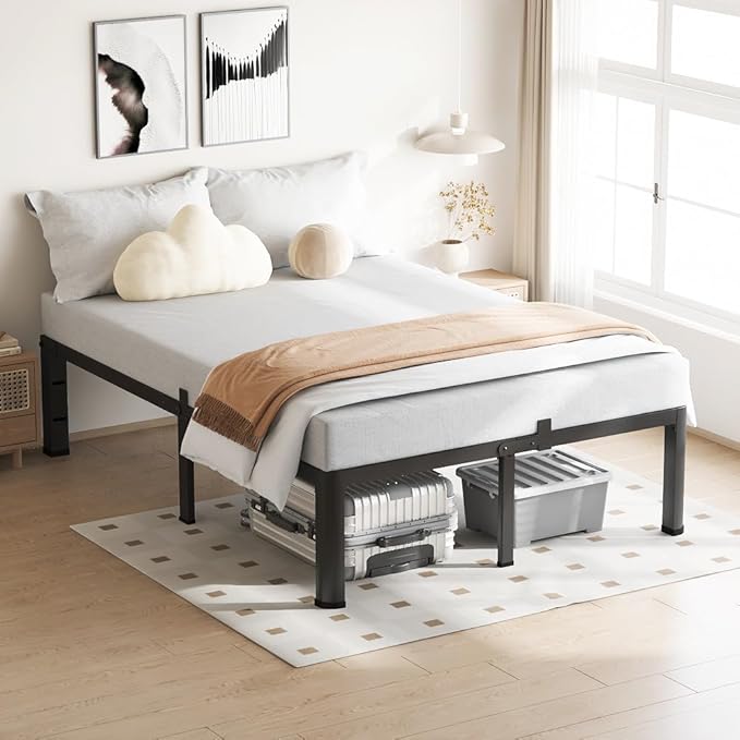 18 Inch Full Size Bed Frame, 3500Lbs Heavy Duty Metal Platform with Round Corner Legs Mattress Slide Stopper, Steel Slat Support No Box Spring Needed, Noise Free, Non-Slip, Easy Assembly