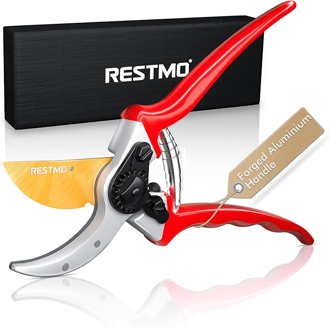 RESTMO 8.6" Professional Pruning Shears, Premium Titanium SKS5 Steel Blade, Forged Aluminum Handles for Durability & Long-Lasting Sharpness, Bypass Pruners for Gardening, Clippers & Scissor Tool