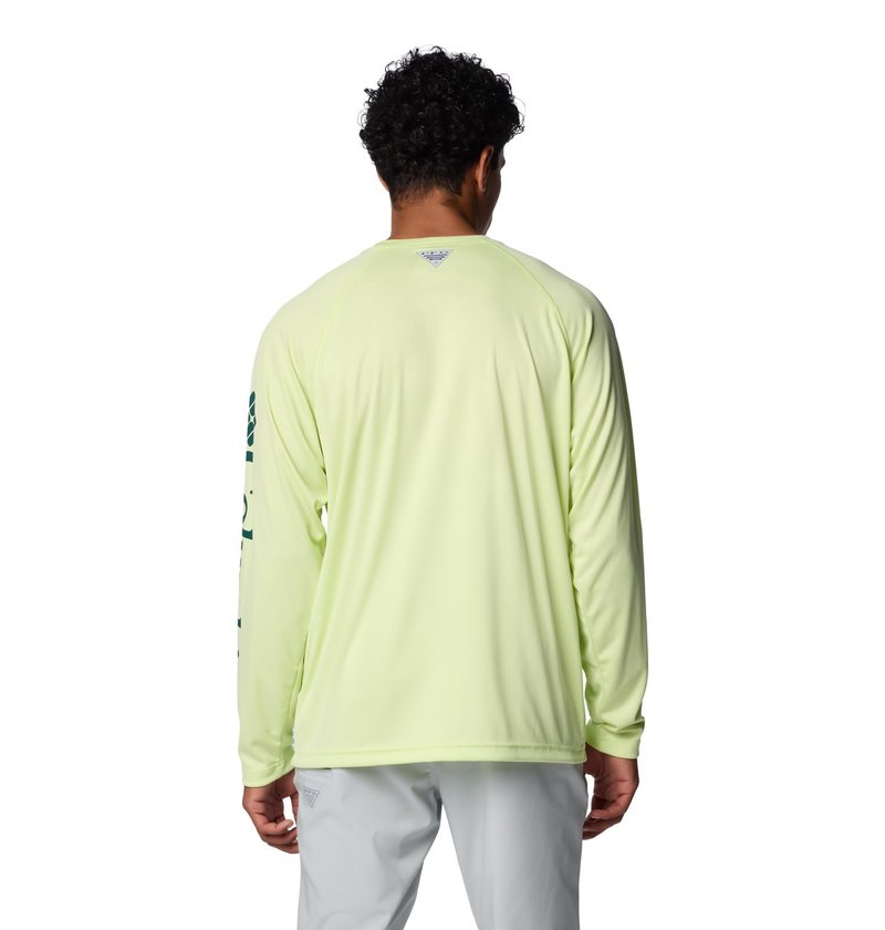 Columbia Men's Terminal Tackle Long Sleeve Shirt, Spring Yellow/Midnight Teal Logo, X-Small
