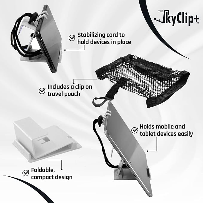 The SkyClip+ Phone &amp Tablet Holder for Air Travel Home and Office Use - Inflight Phone Mount &amp Stand Compatible with iPhone Android Kindle and Tablets - Ultimate Travel Accessory (Black)