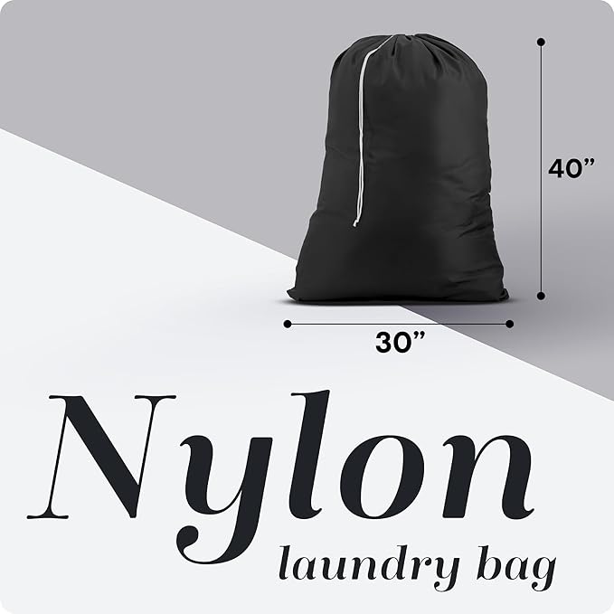 Nylon XL Laundry Bag, Large Capacity with Locking Drawstring, Machine Washable, Fits Laundry Baskets or Hampers, Holds 2 Loads of Clothes (Black, 30" x 40")