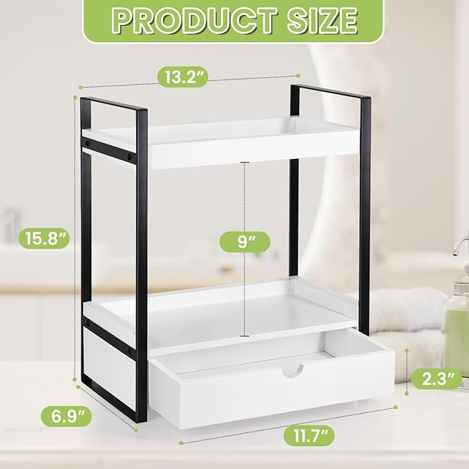 2-Tier Wooden Counter Shelf with Drawer, Vanity Tray for Organization and Decor, Countertop Organizer for Bathroom and Kitchen